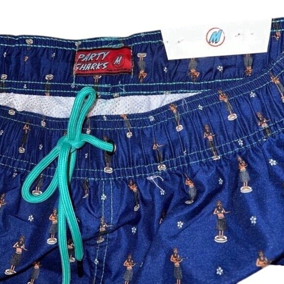 Party Sharks Hula Girl Swim Trunks Quick Dry 6.5" Inseam Blue Hawaiian Print - Picture 5 of 9
